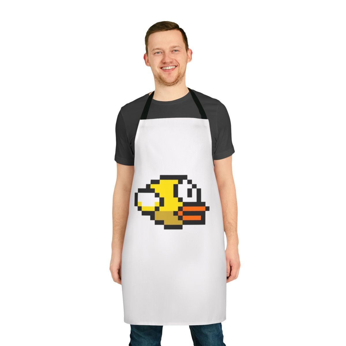 Flappy Bird inspired apron featuring pixel art design