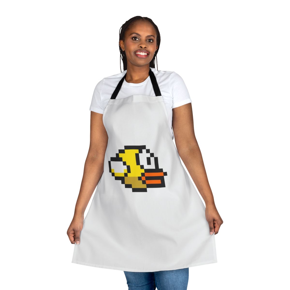 Flappy Bird inspired apron featuring pixel art design