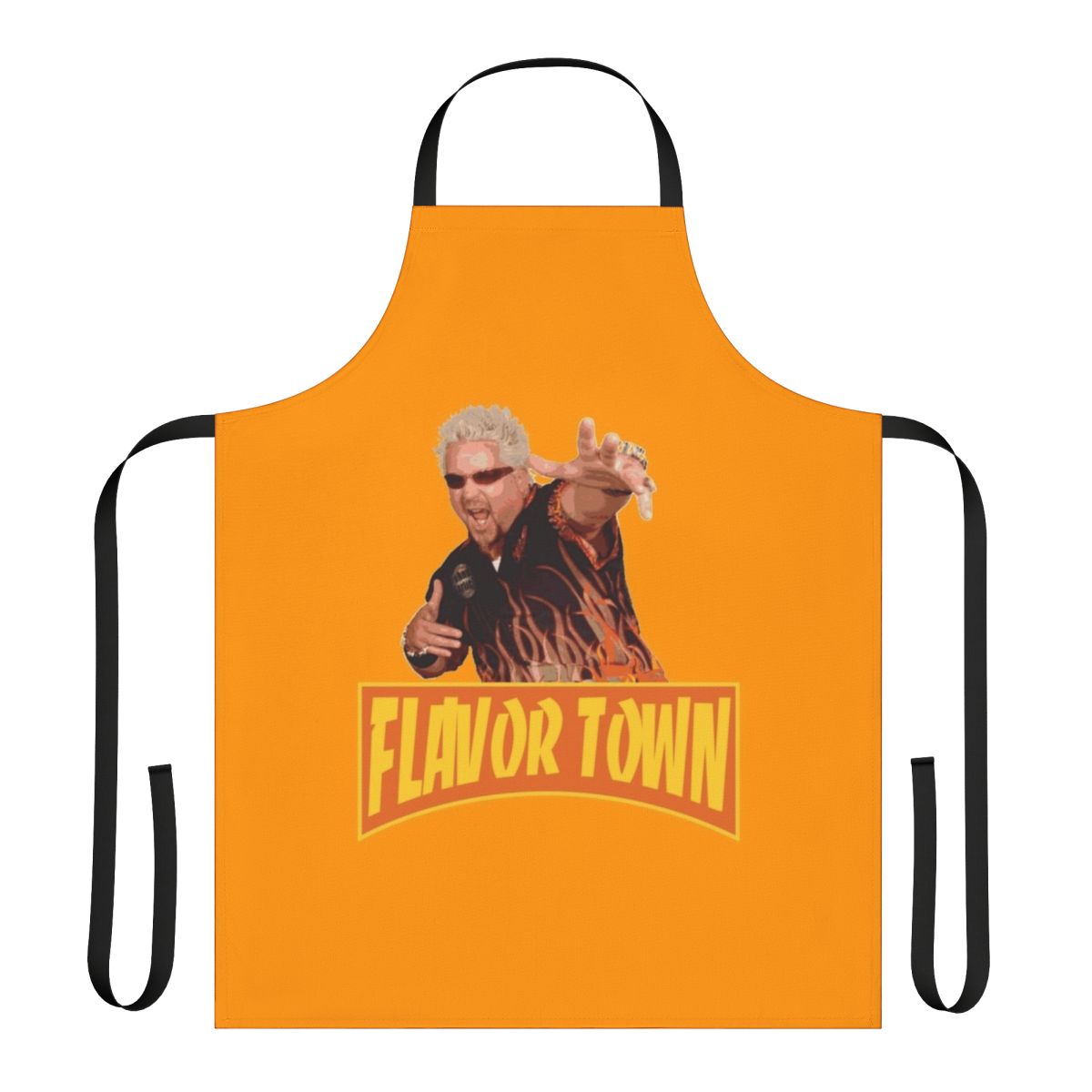 A red and white apron with a fun, quirky graphic design inspired by the popular TV personality Guy Fieri.