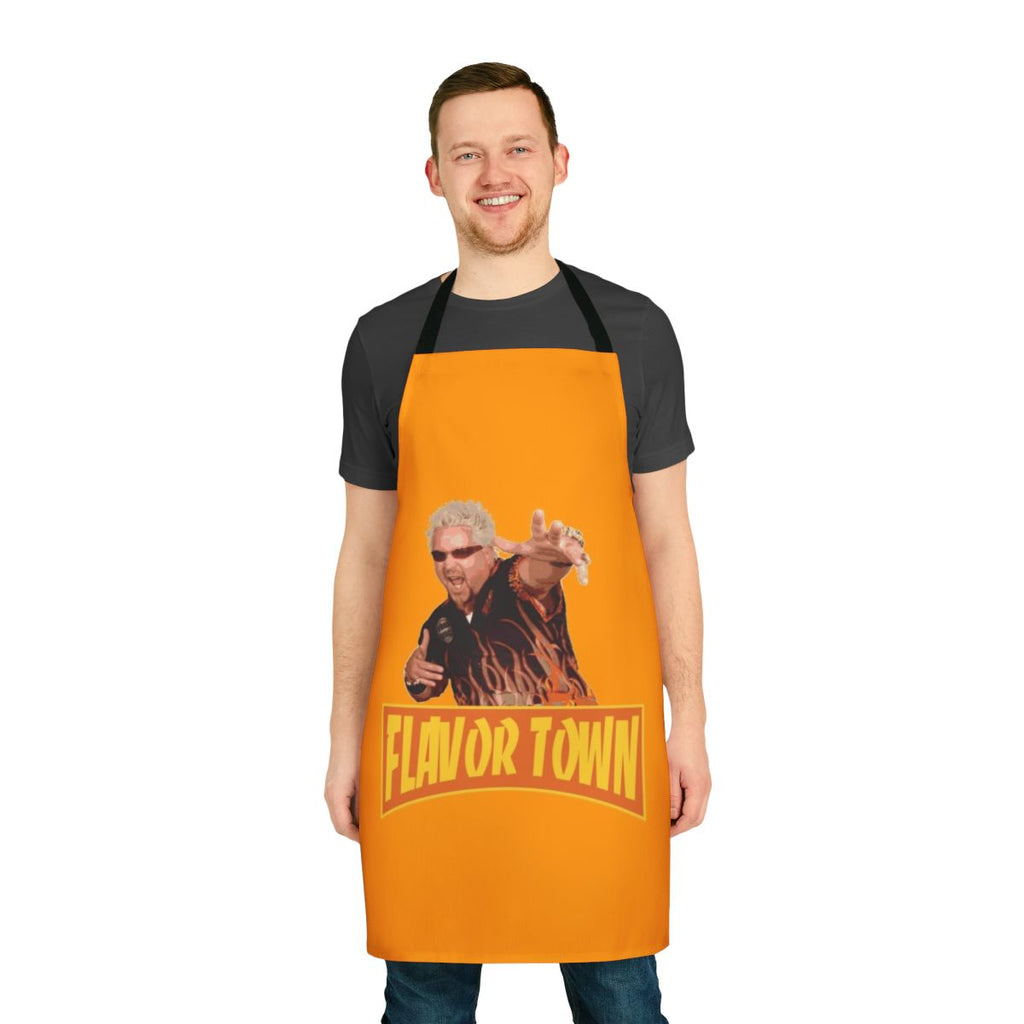 A red and white apron with a fun, quirky graphic design inspired by the popular TV personality Guy Fieri.