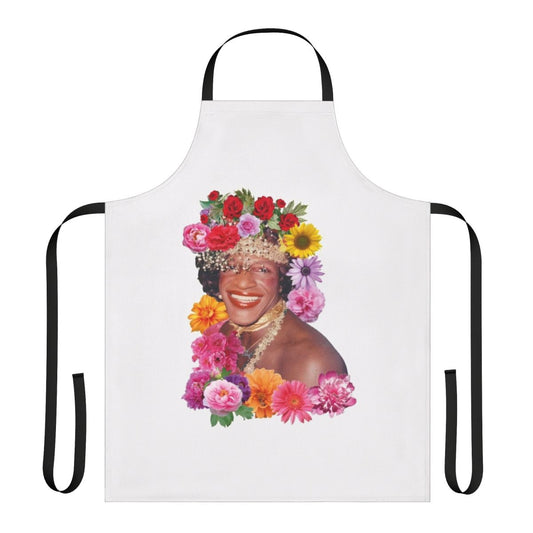Colorful floral apron featuring the image of Marsha P. Johnson, a prominent African American transgender activist and key figure in the Stonewall riots.
