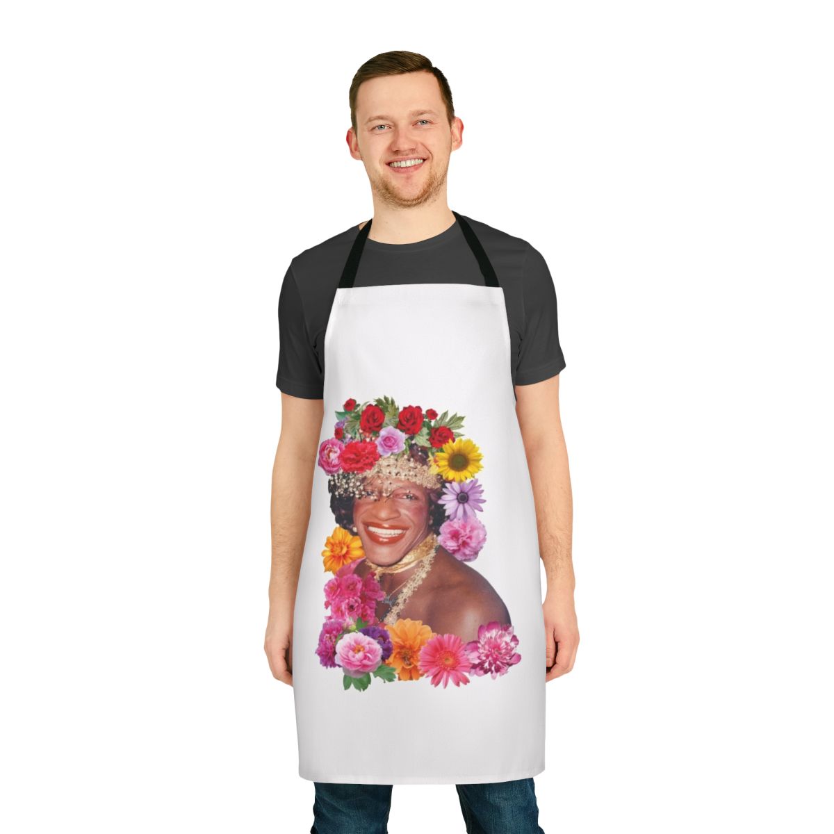 Colorful floral apron featuring the image of Marsha P. Johnson, a prominent African American transgender activist and key figure in the Stonewall riots.