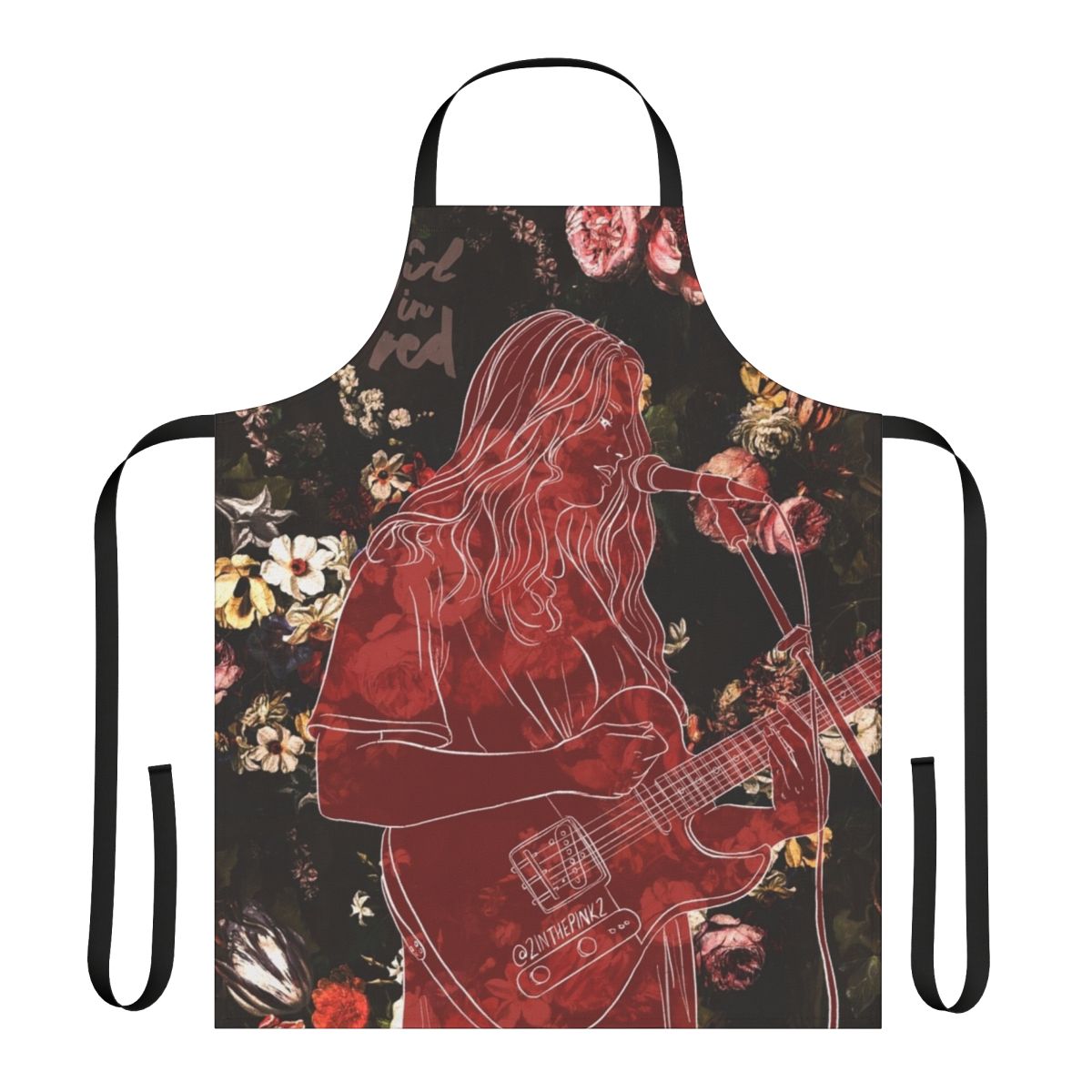 A red and rose patterned apron inspired by the music of the artist "Girl in Red"