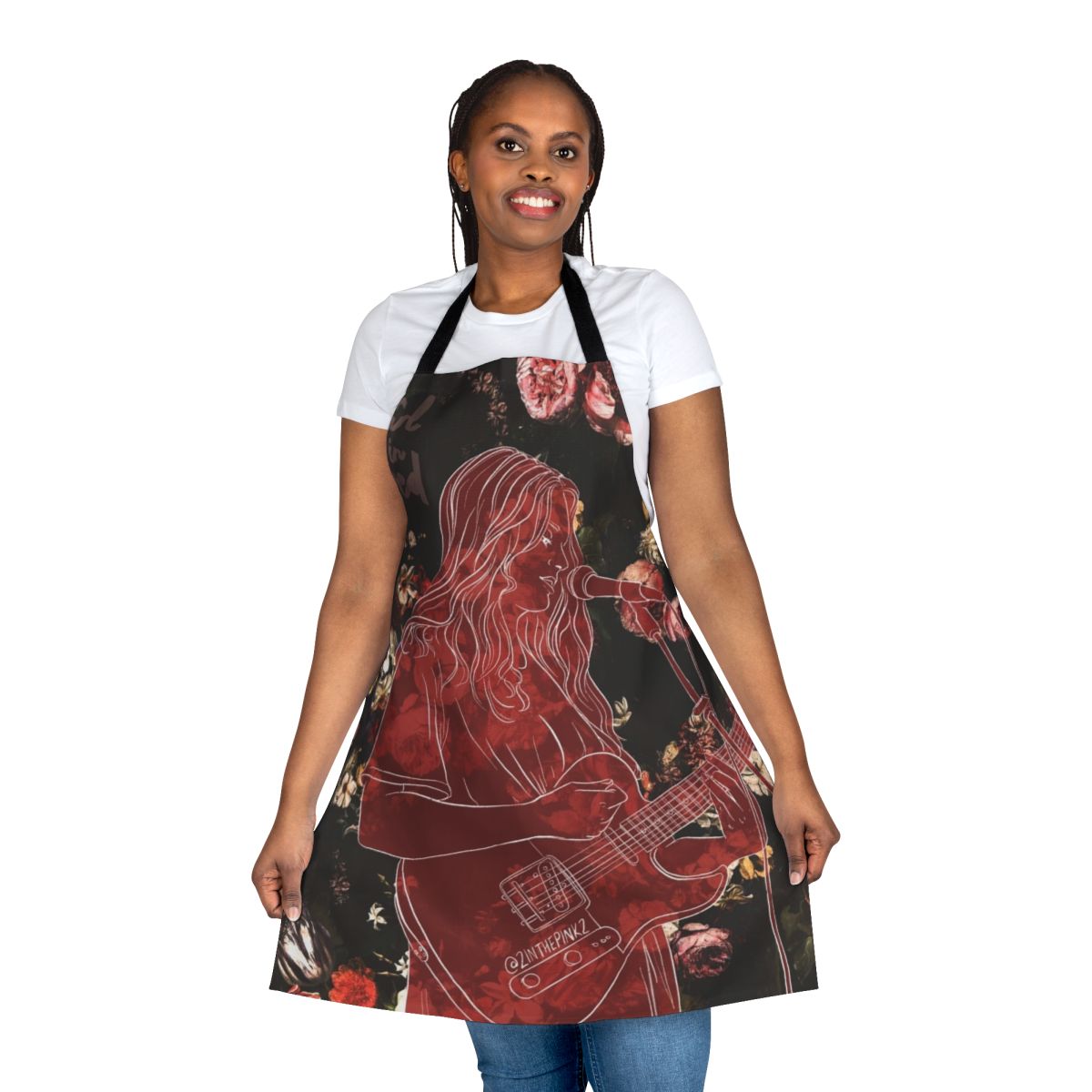 A red and rose patterned apron inspired by the music of the artist "Girl in Red"