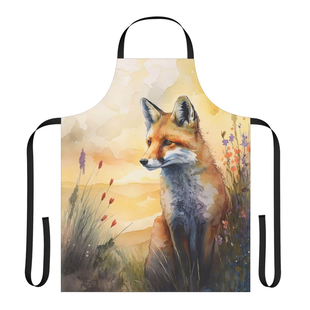 Watercolor painting of a red fox cub surrounded by spring flowers on a floral apron