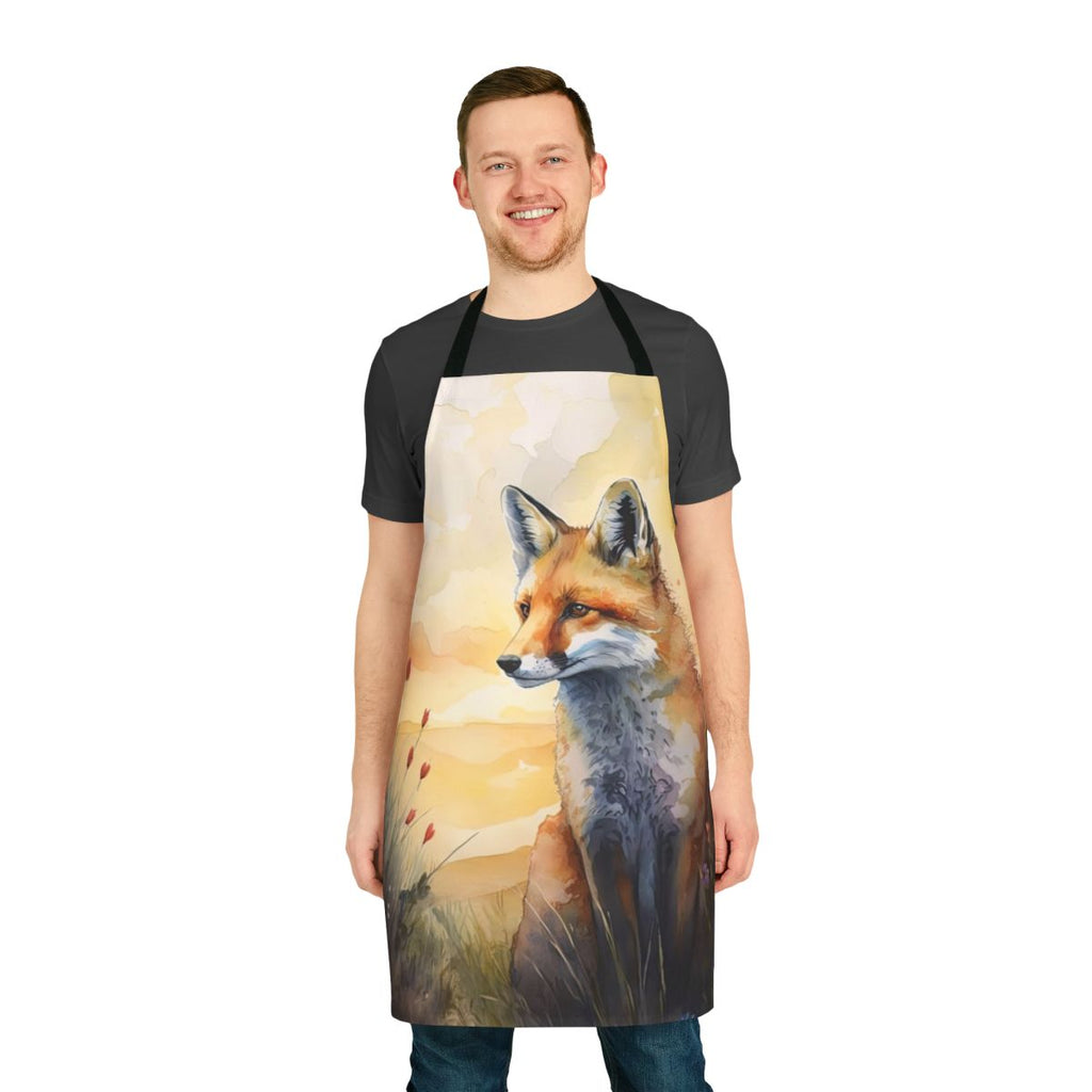 Watercolor painting of a red fox cub surrounded by spring flowers on a floral apron