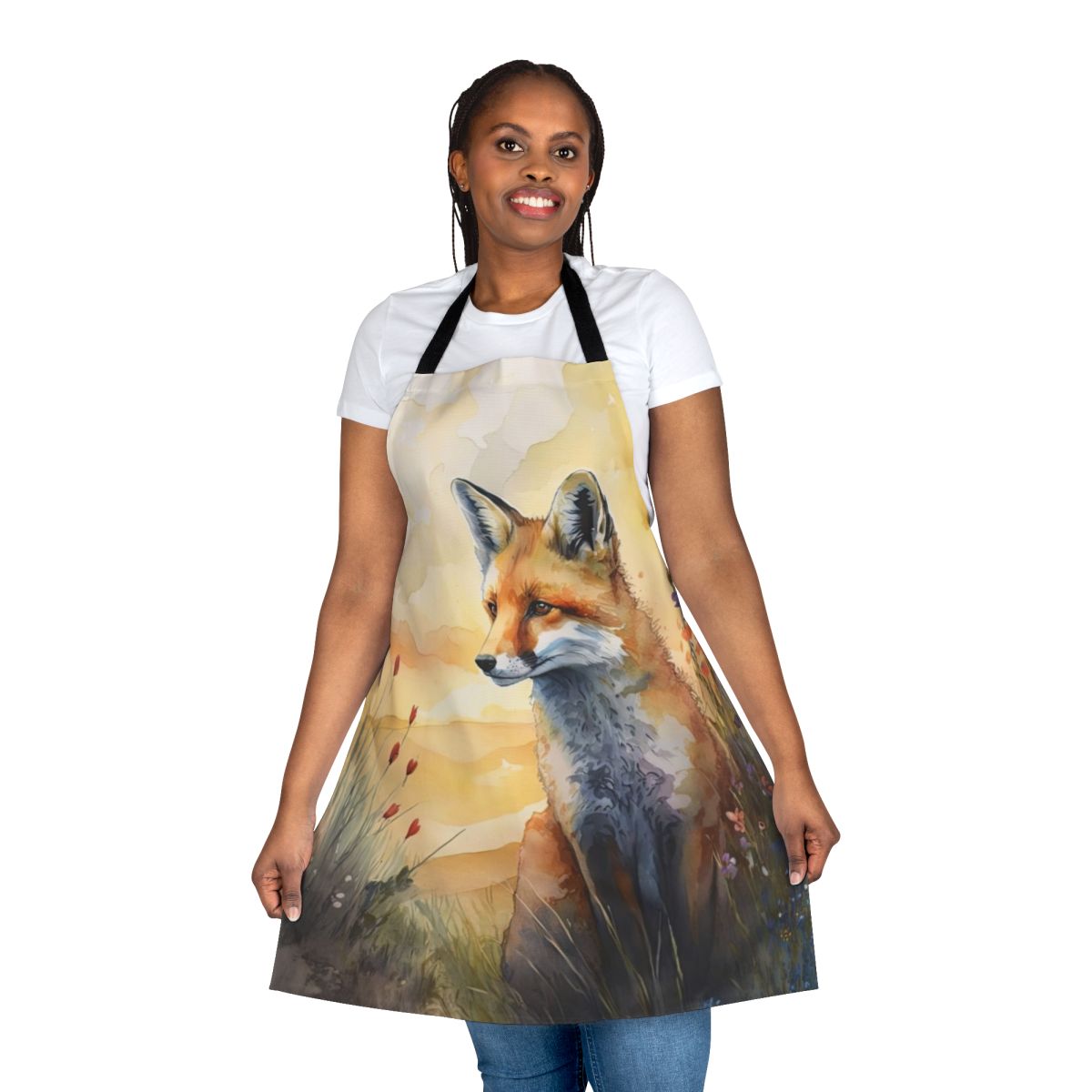 Watercolor painting of a red fox cub surrounded by spring flowers on a floral apron