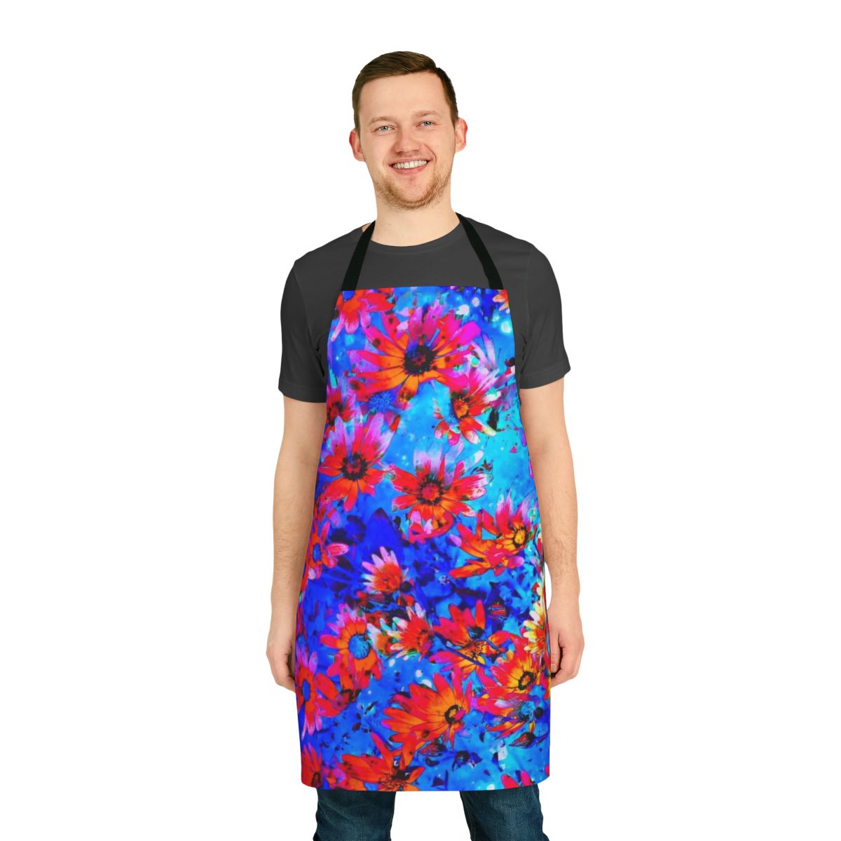 Colorful floral apron with the text "Flowers Awaken the Soul"