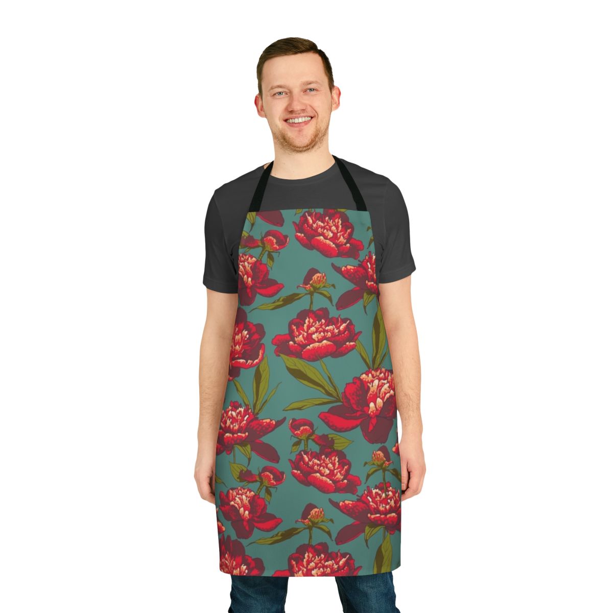 Floral apron with a beautiful peony pattern and nature-inspired botanical design