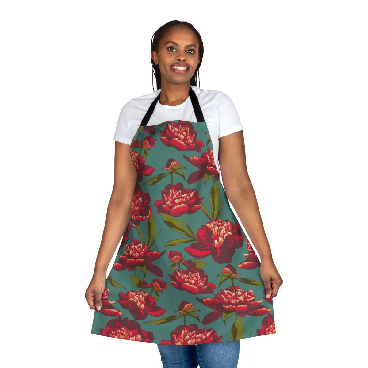 Floral apron with a beautiful peony pattern and nature-inspired botanical design