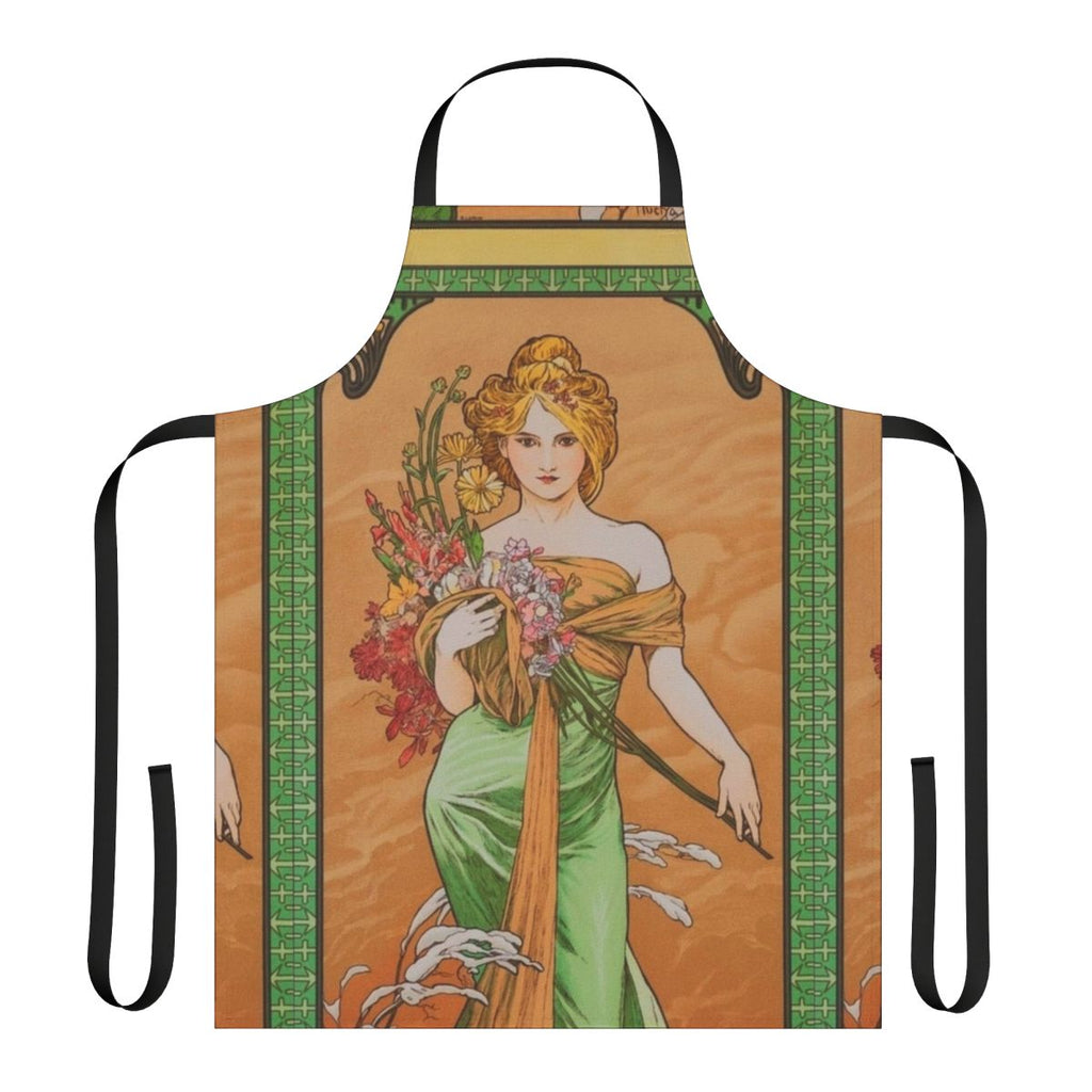 Alphonse Mucha-inspired apron featuring a floral and botanical Art Nouveau design in spring colors.