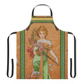 Alphonse Mucha-inspired apron featuring a floral and botanical Art Nouveau design in spring colors.