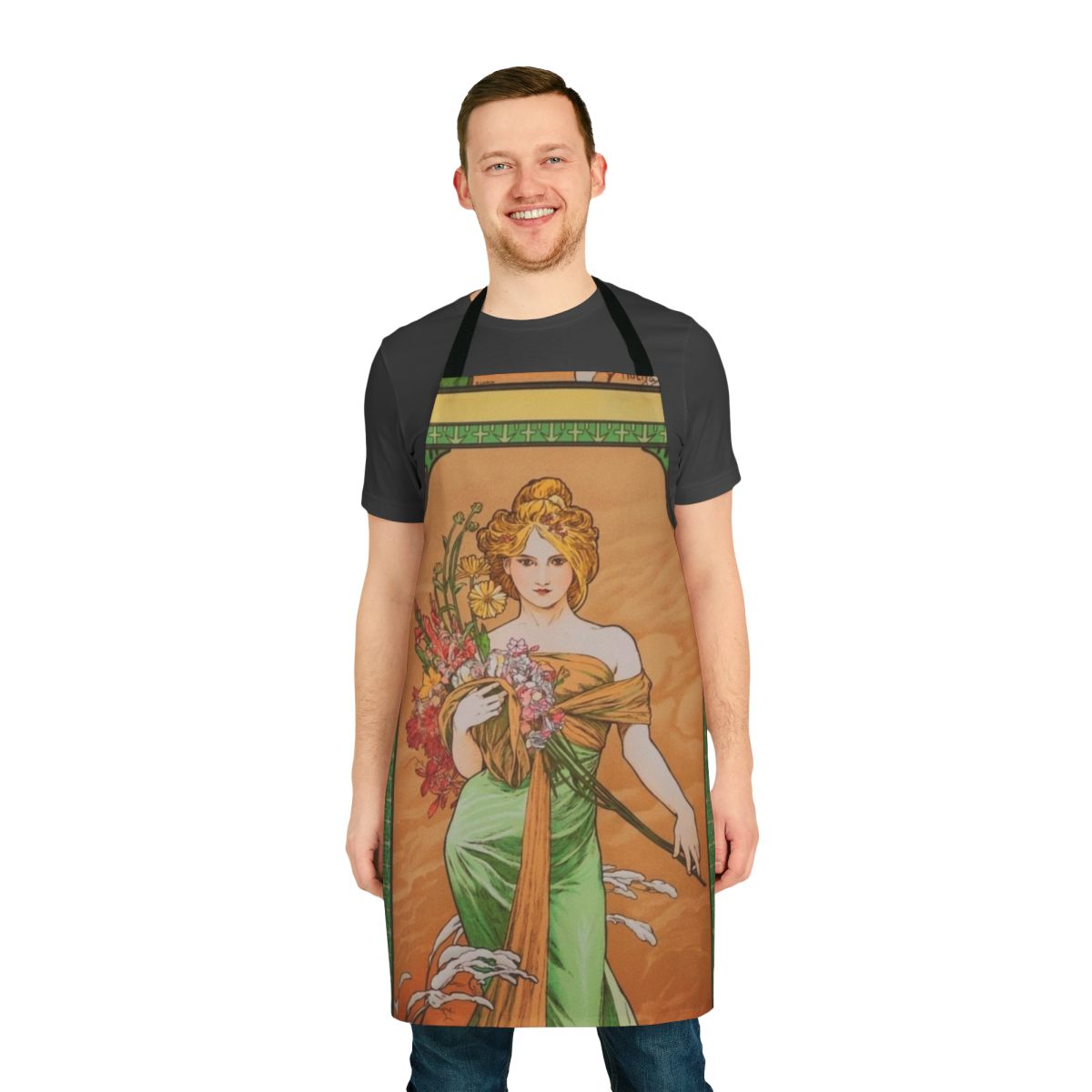 Alphonse Mucha-inspired apron featuring a floral and botanical Art Nouveau design in spring colors.