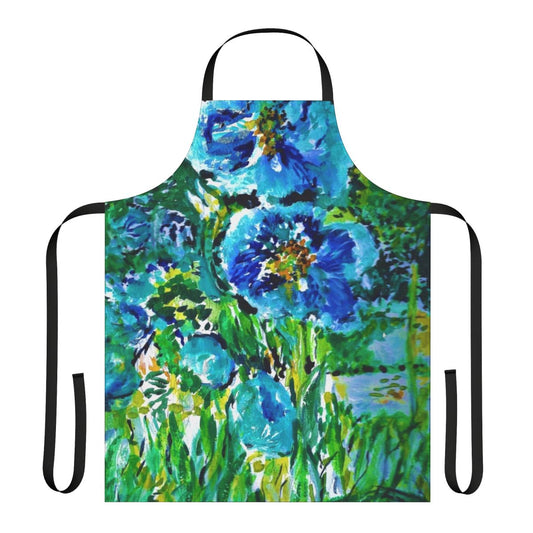 A beautiful blue poppies floral design printed on a high-quality kitchen apron