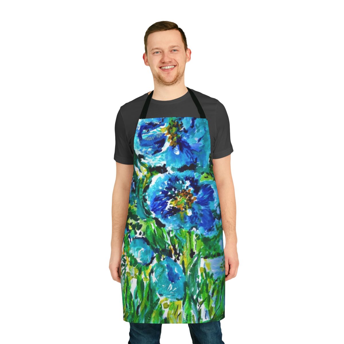 A beautiful blue poppies floral design printed on a high-quality kitchen apron