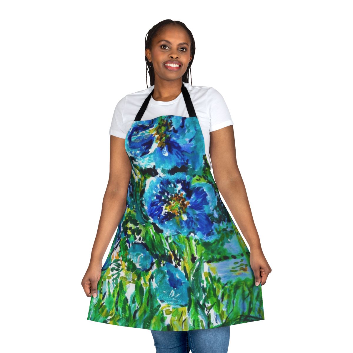 A beautiful blue poppies floral design printed on a high-quality kitchen apron