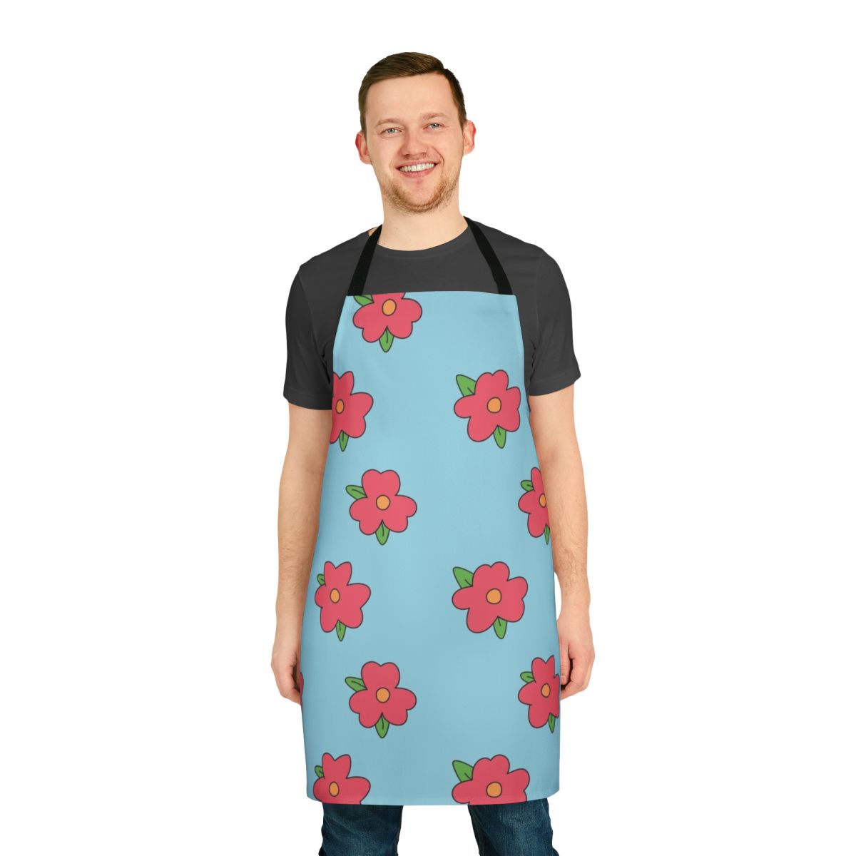 A floral patterned apron featuring the character Homer Simpson from the television series The Simpsons.