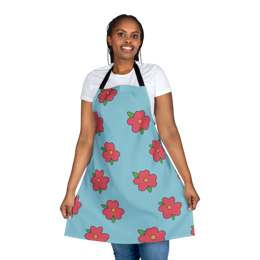 A floral patterned apron featuring the character Homer Simpson from the television series The Simpsons.