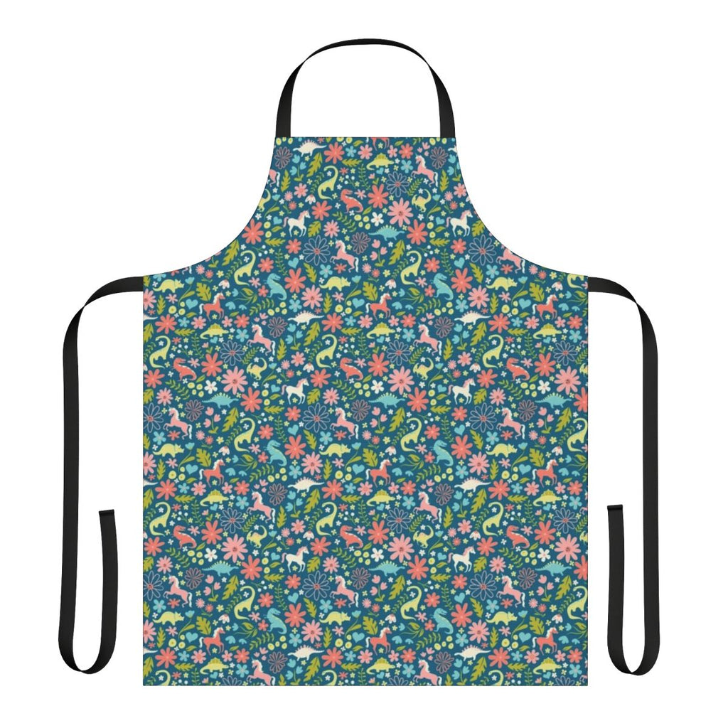 Colorful floral print apron featuring dinosaurs and unicorns
