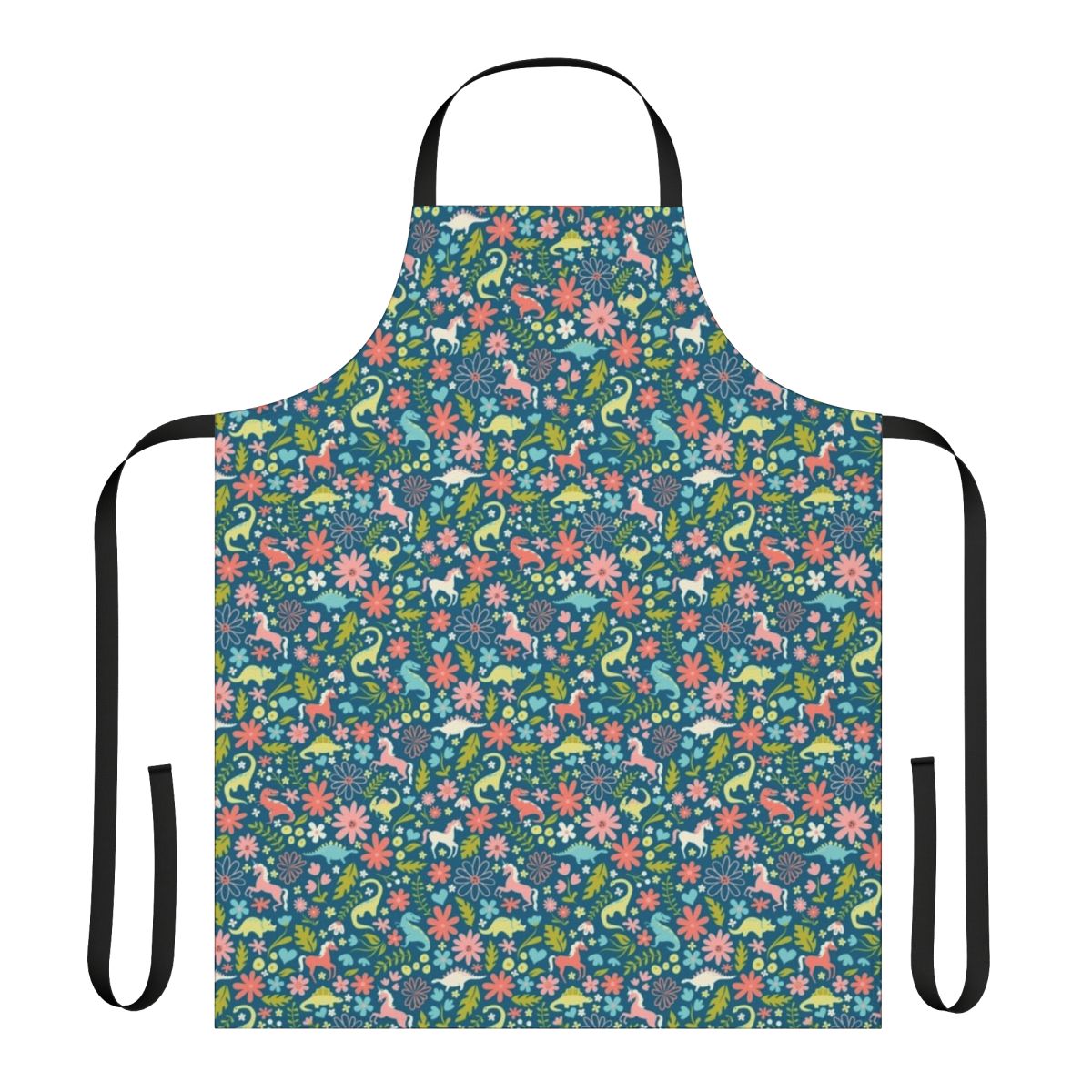 Colorful floral print apron featuring dinosaurs and unicorns