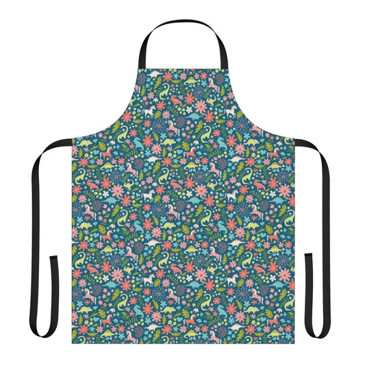 Colorful floral print apron featuring dinosaurs and unicorns