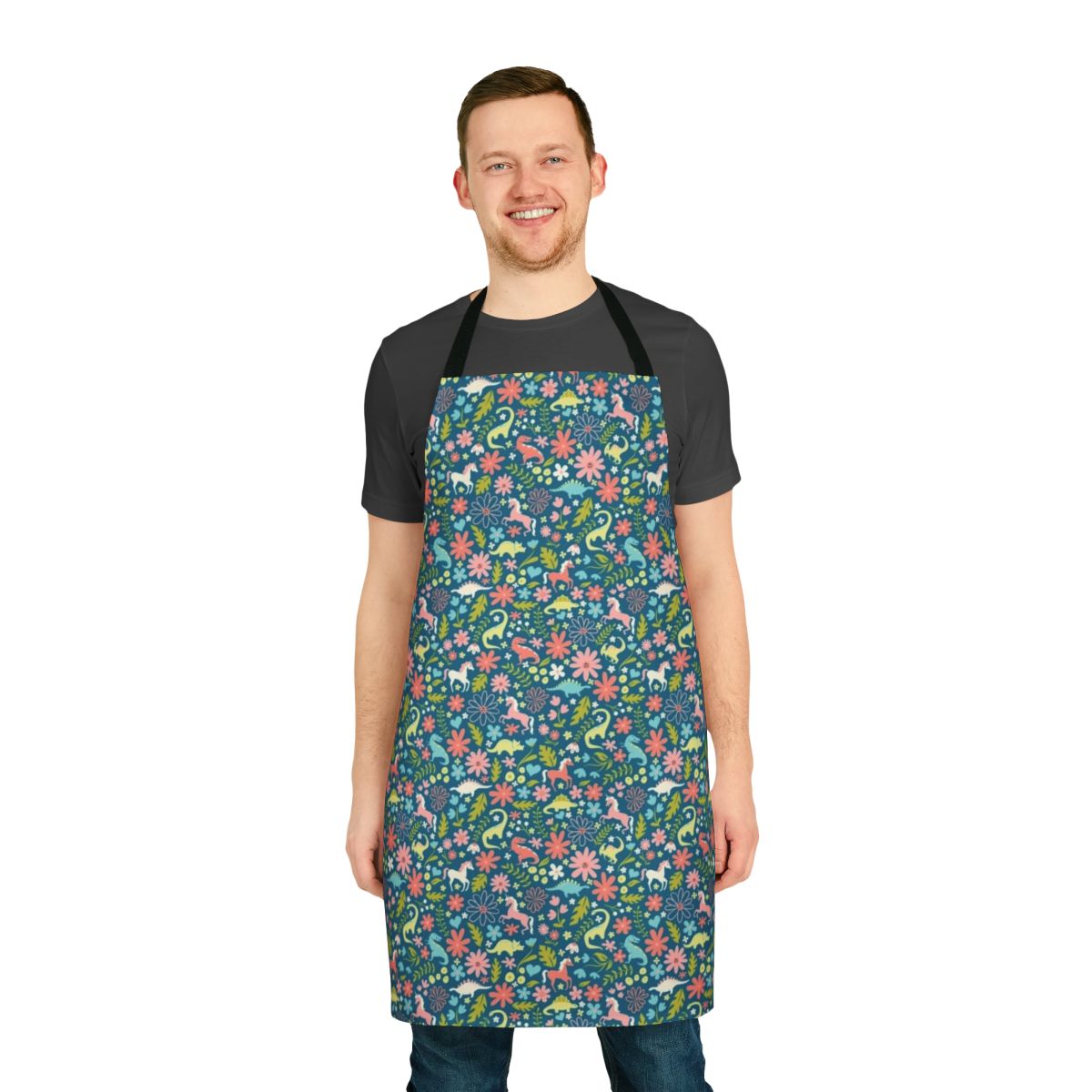 Colorful floral print apron featuring dinosaurs and unicorns