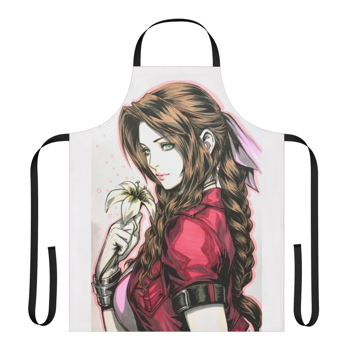 A floral apron inspired by the character Aerith from the Final Fantasy 7 video game.