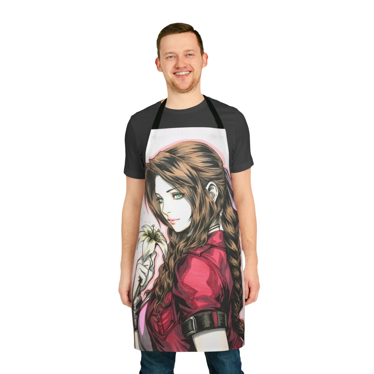 A floral apron inspired by the character Aerith from the Final Fantasy 7 video game.