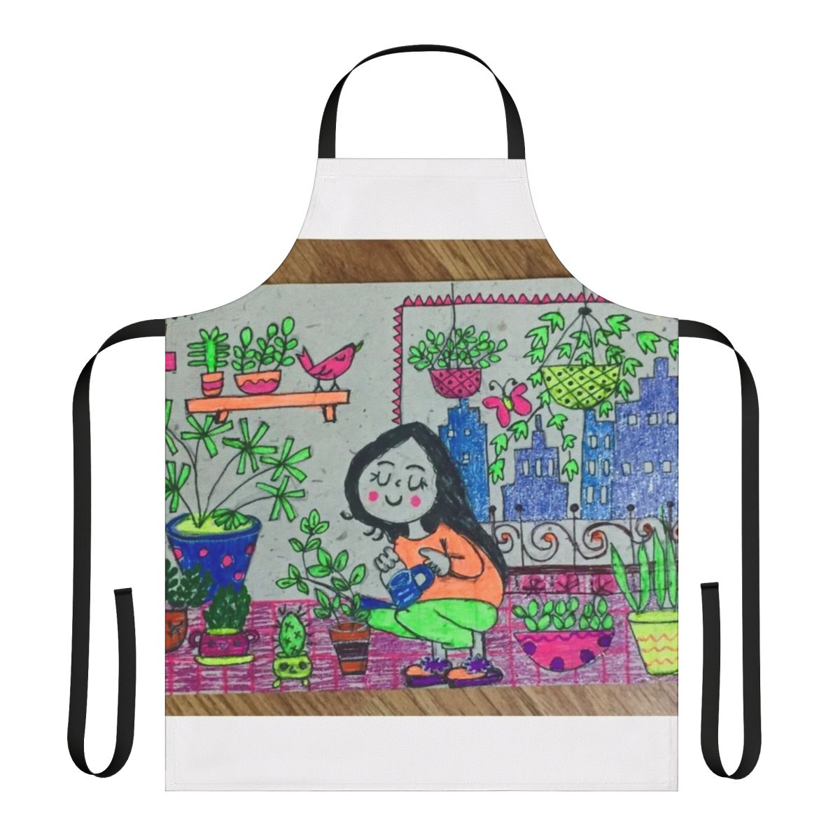 Floral and botanical gardening apron featuring spring blooms and birds