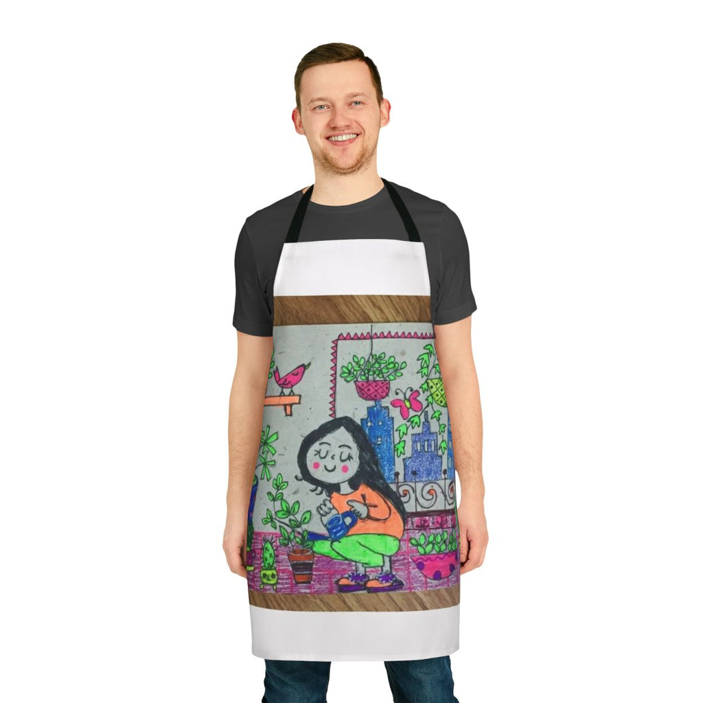 Floral and botanical gardening apron featuring spring blooms and birds