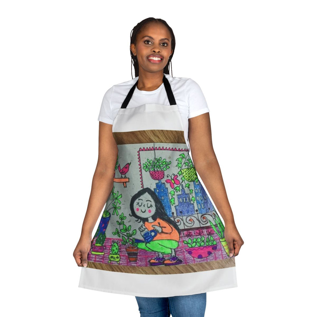 Floral and botanical gardening apron featuring spring blooms and birds