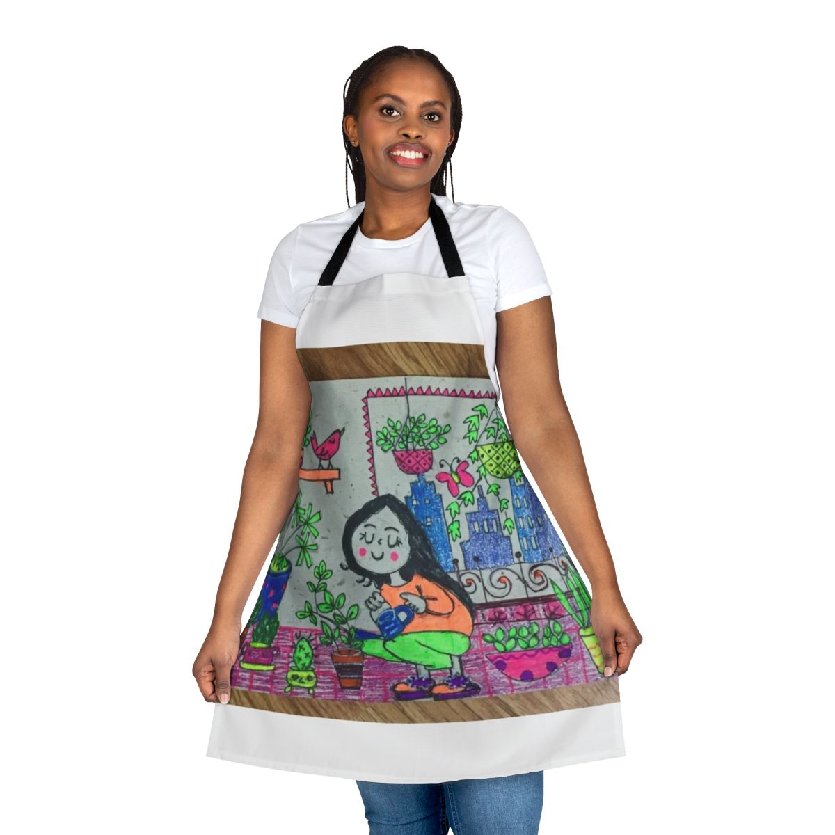 Floral and botanical gardening apron featuring spring blooms and birds