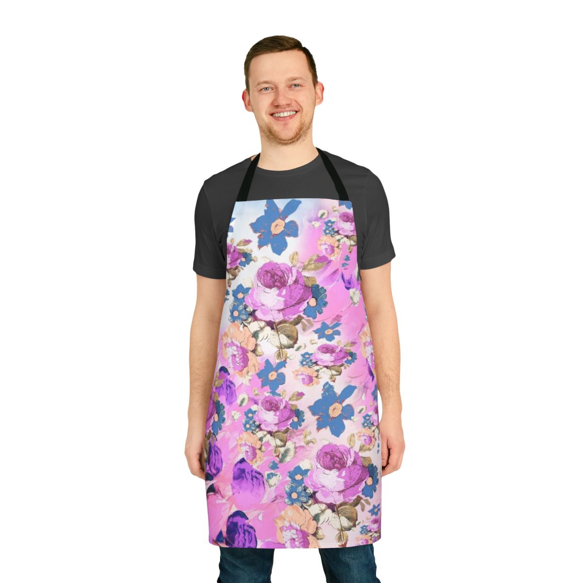 Floral girly apron with a pretty pink and purple rose pattern design