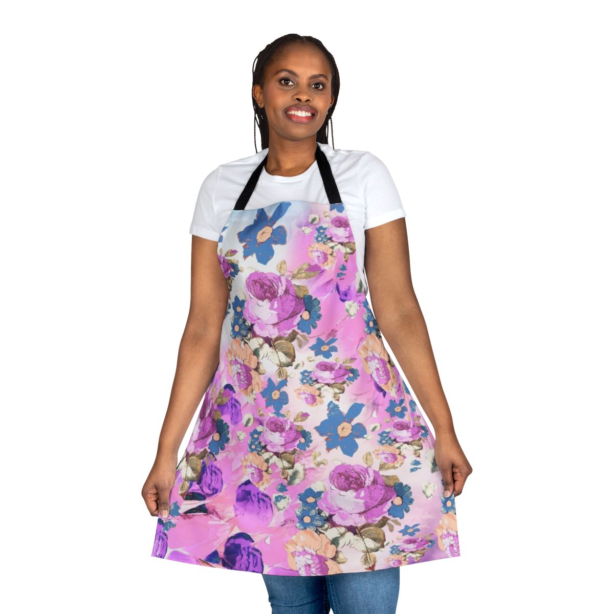Floral girly apron with a pretty pink and purple rose pattern design