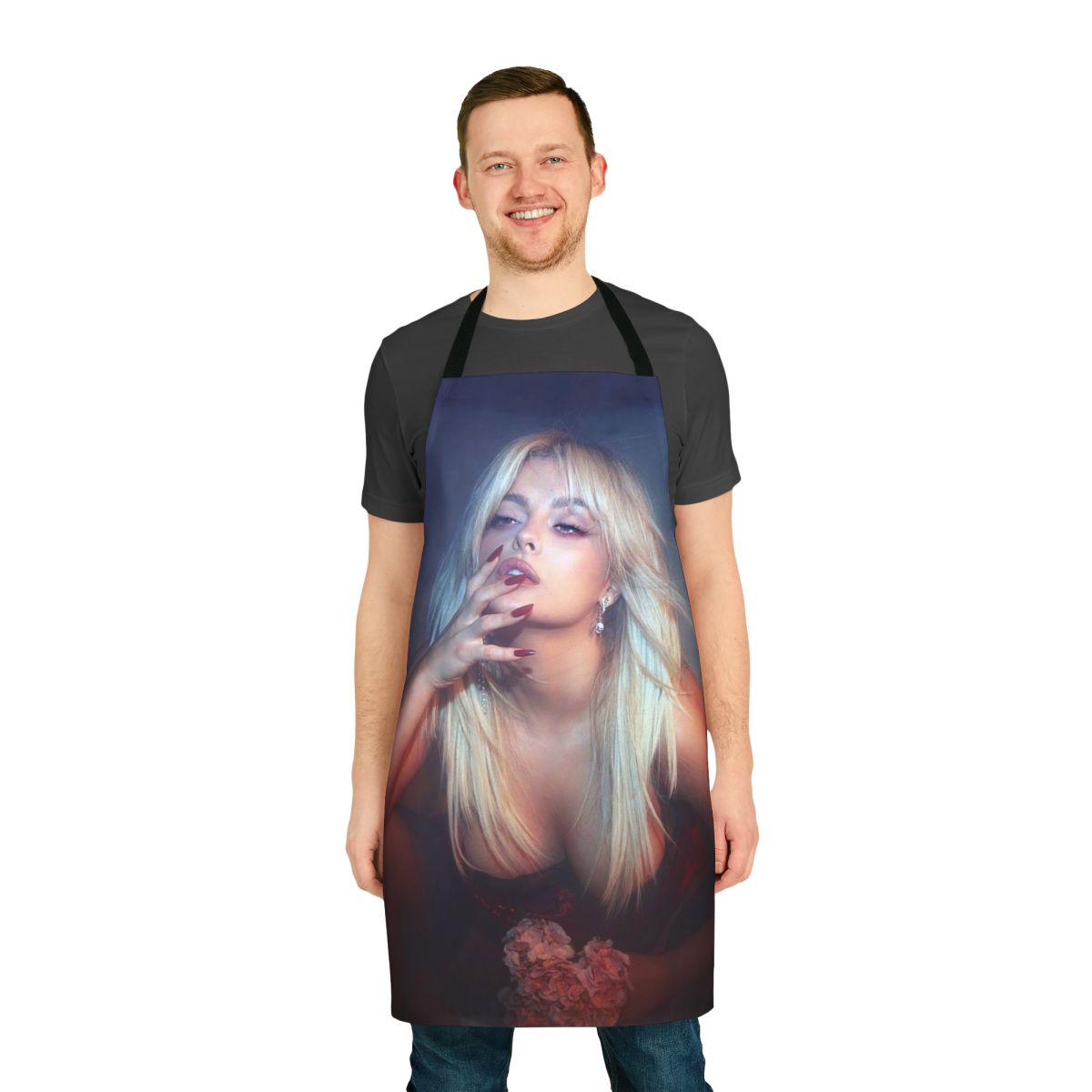 Vibrant floral design apron featuring a Bebe Rexha inspired style