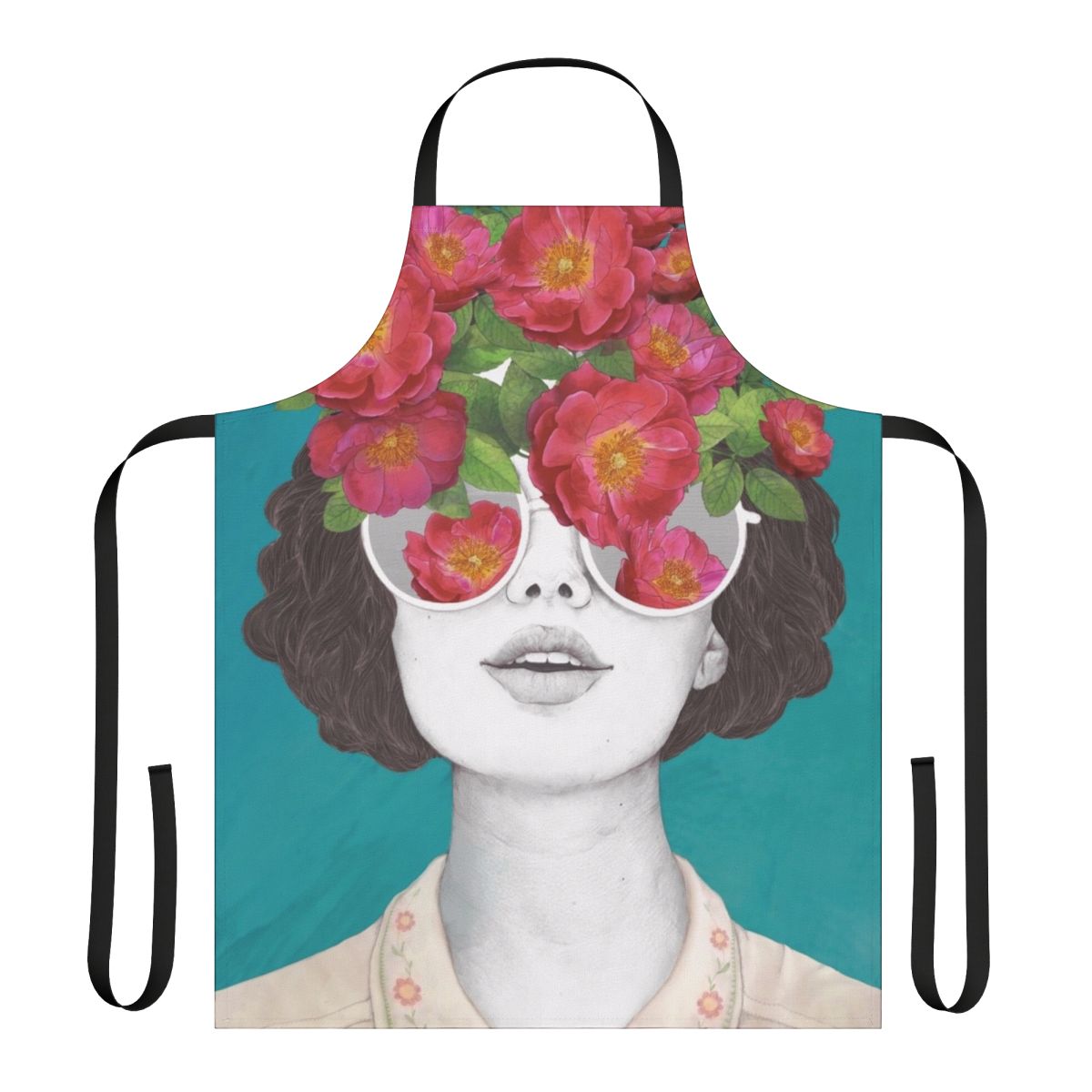 A floral apron featuring a surrealist watercolor portrait of a woman wearing rose-tinted glasses.