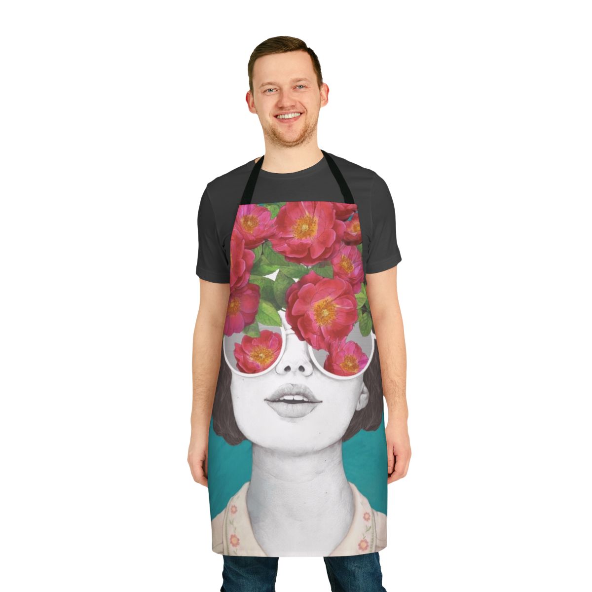 A floral apron featuring a surrealist watercolor portrait of a woman wearing rose-tinted glasses.