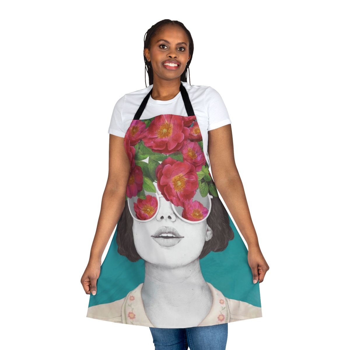 A floral apron featuring a surrealist watercolor portrait of a woman wearing rose-tinted glasses.
