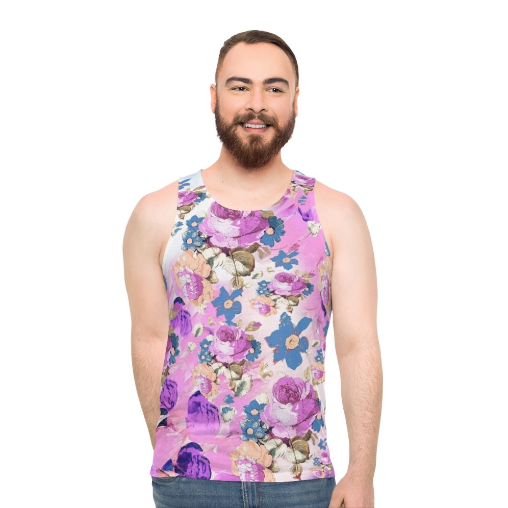 Floral roses girly pink and purple pattern unisex tank top