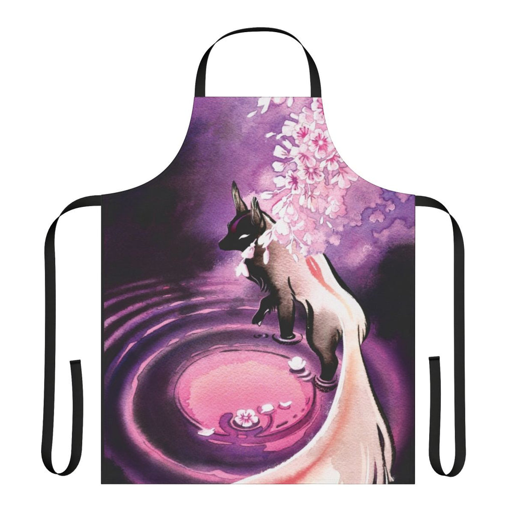 A stylish apron featuring a beautiful illustration of a fox surrounded by sakura blossoms.