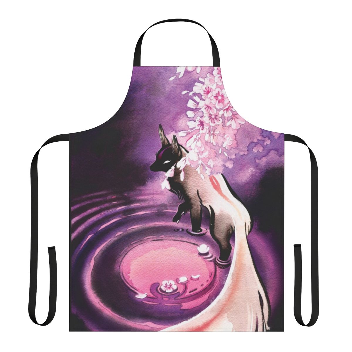 A stylish apron featuring a beautiful illustration of a fox surrounded by sakura blossoms.