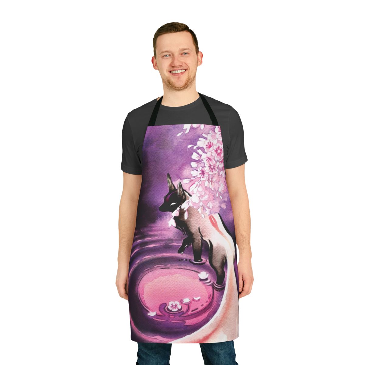 A stylish apron featuring a beautiful illustration of a fox surrounded by sakura blossoms.