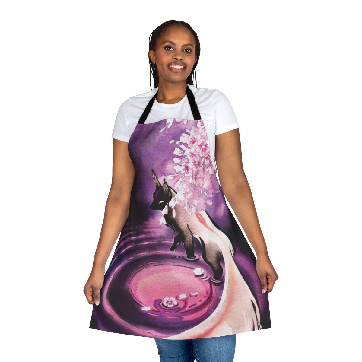 A stylish apron featuring a beautiful illustration of a fox surrounded by sakura blossoms.