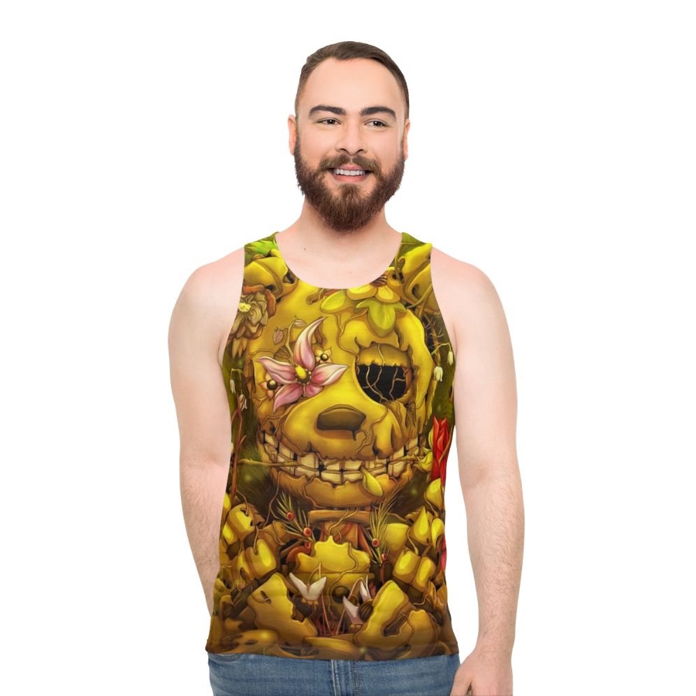 Unisex tank top with a floral sunset and nature inspired design