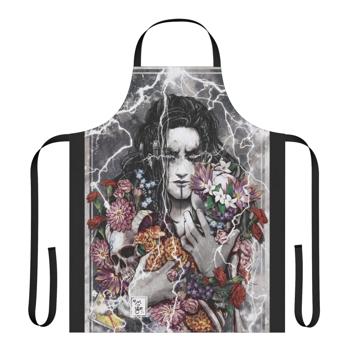 Floral apron featuring a watercolor-style design inspired by the character Yasha from the hit web series Critical Role.