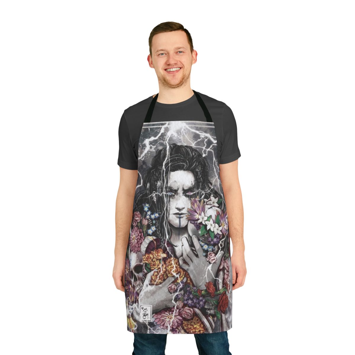 Floral apron featuring a watercolor-style design inspired by the character Yasha from the hit web series Critical Role.