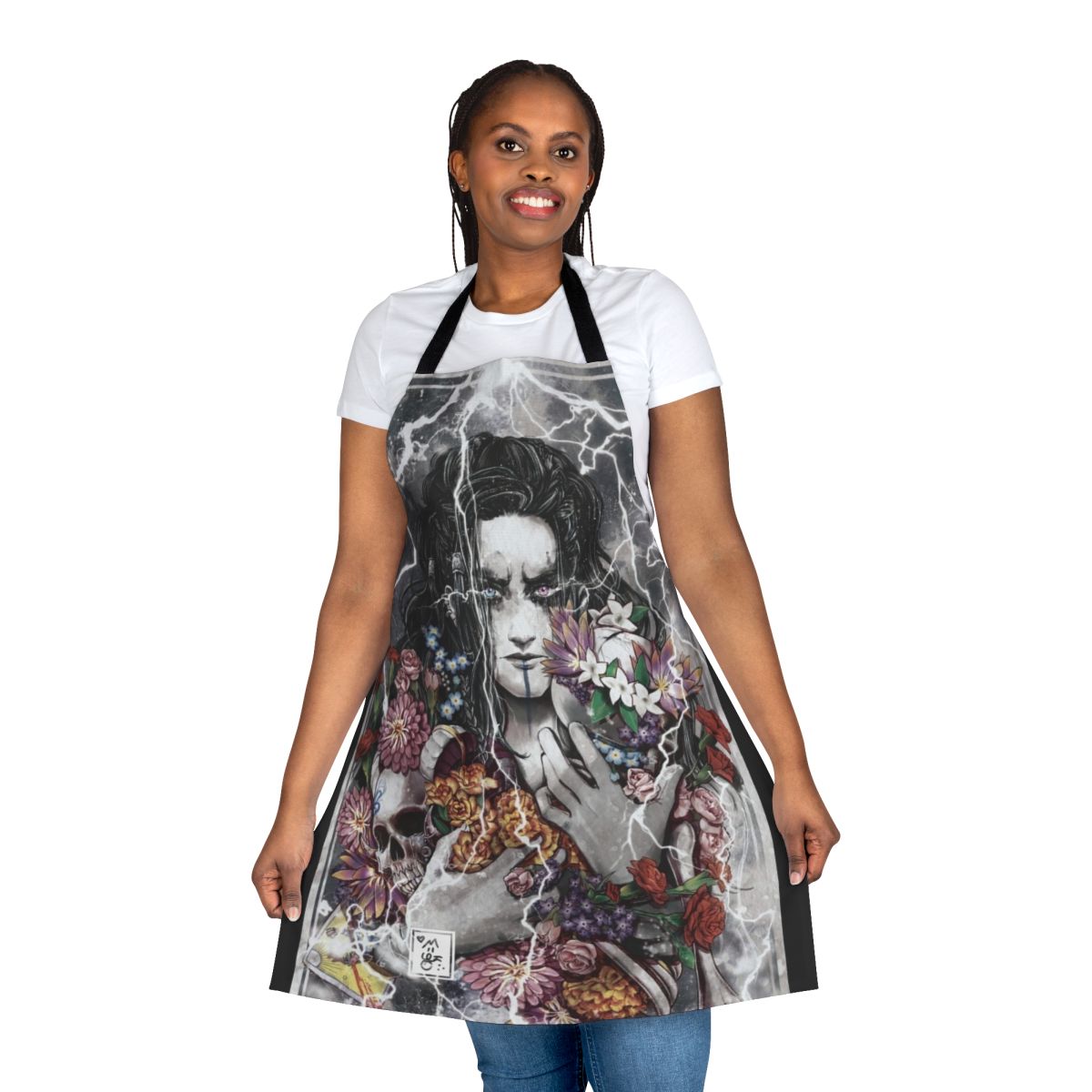 Floral apron featuring a watercolor-style design inspired by the character Yasha from the hit web series Critical Role.