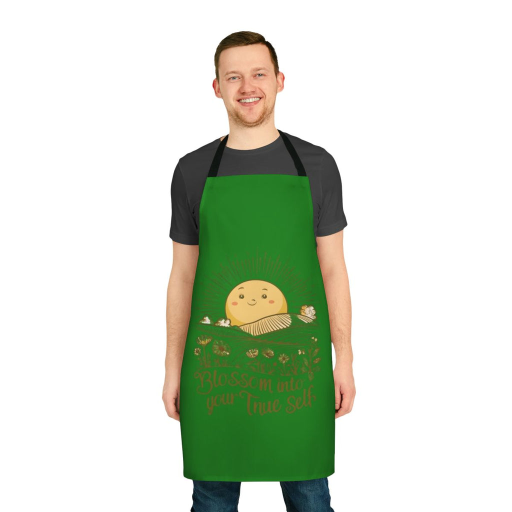 A vibrant floral apron with a botanical design, featuring wildflowers and greenery against a backdrop of the sun and clouds.