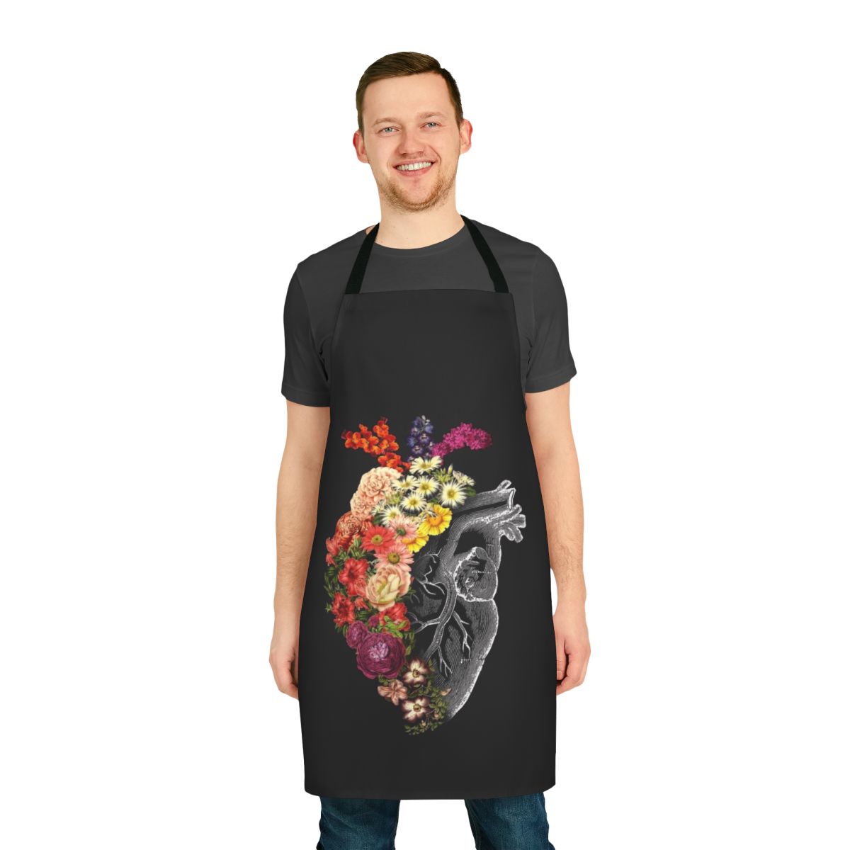 Vintage style floral apron with an anatomical heart design in black and white.