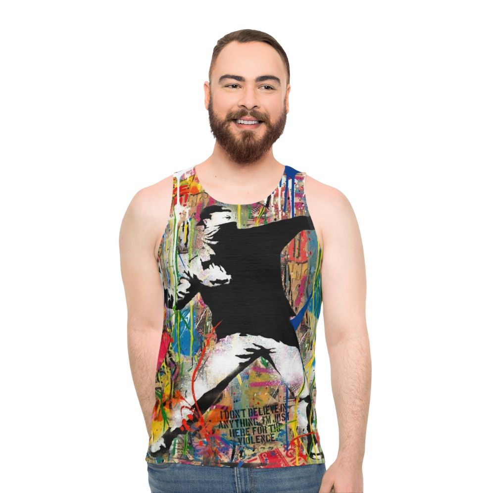Colorful flower thrower pop art graphic on unisex tank top